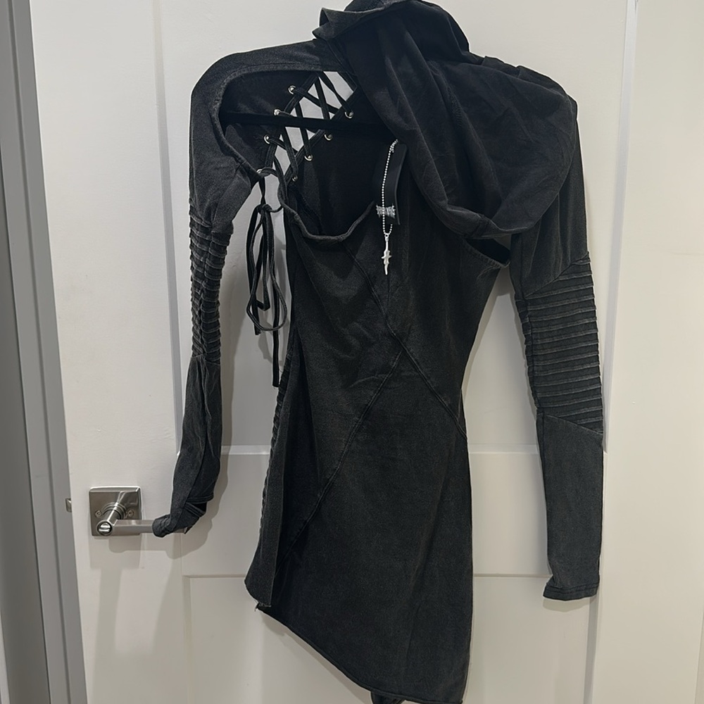 Darker Wavs FREQUENCY ASYMMETRICAL HOODED MINI DRESS - Picture 2 of 3